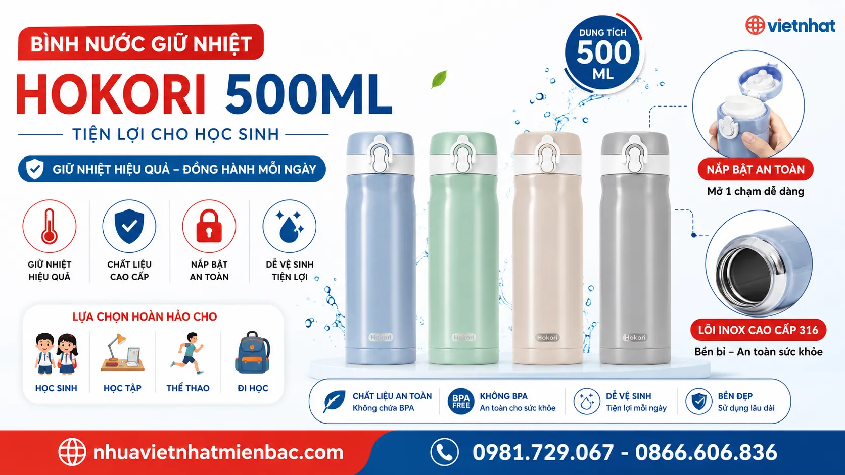 Bình Nước Giữ Nhiệt Hokori Dung Tích 500Ml Phù Hợp Cho Học Sinh Tiểu Học