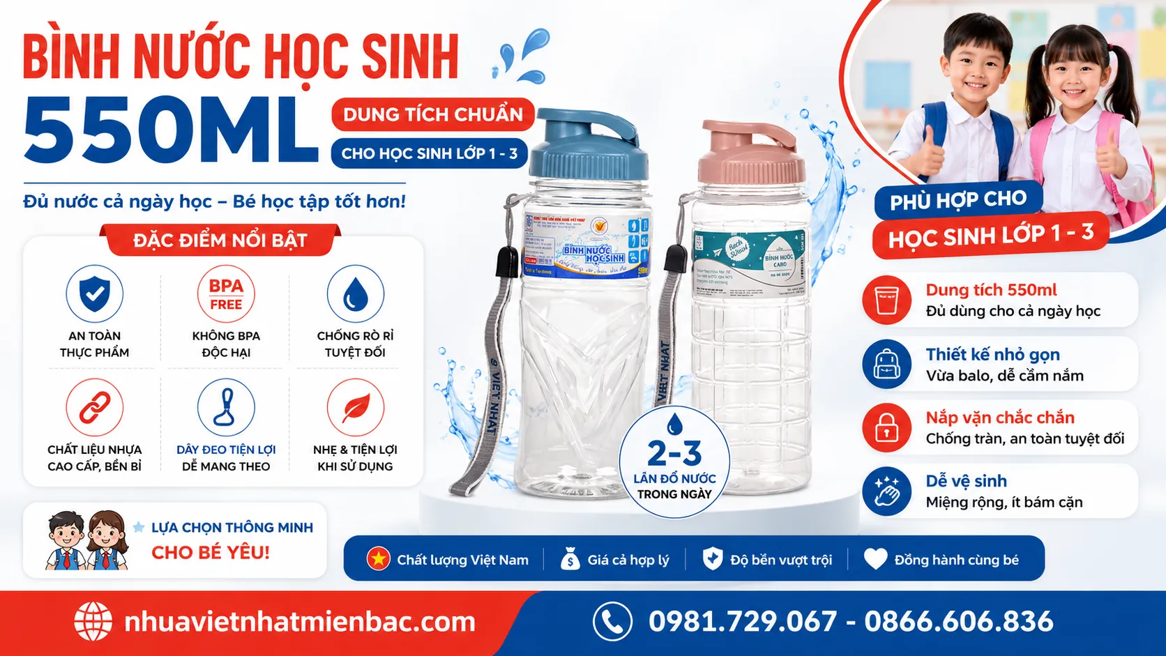 Bình Nước Học Sinh Dung Tích 550Ml, Phù Hợp Cho Học Sinh Lớp 1-3