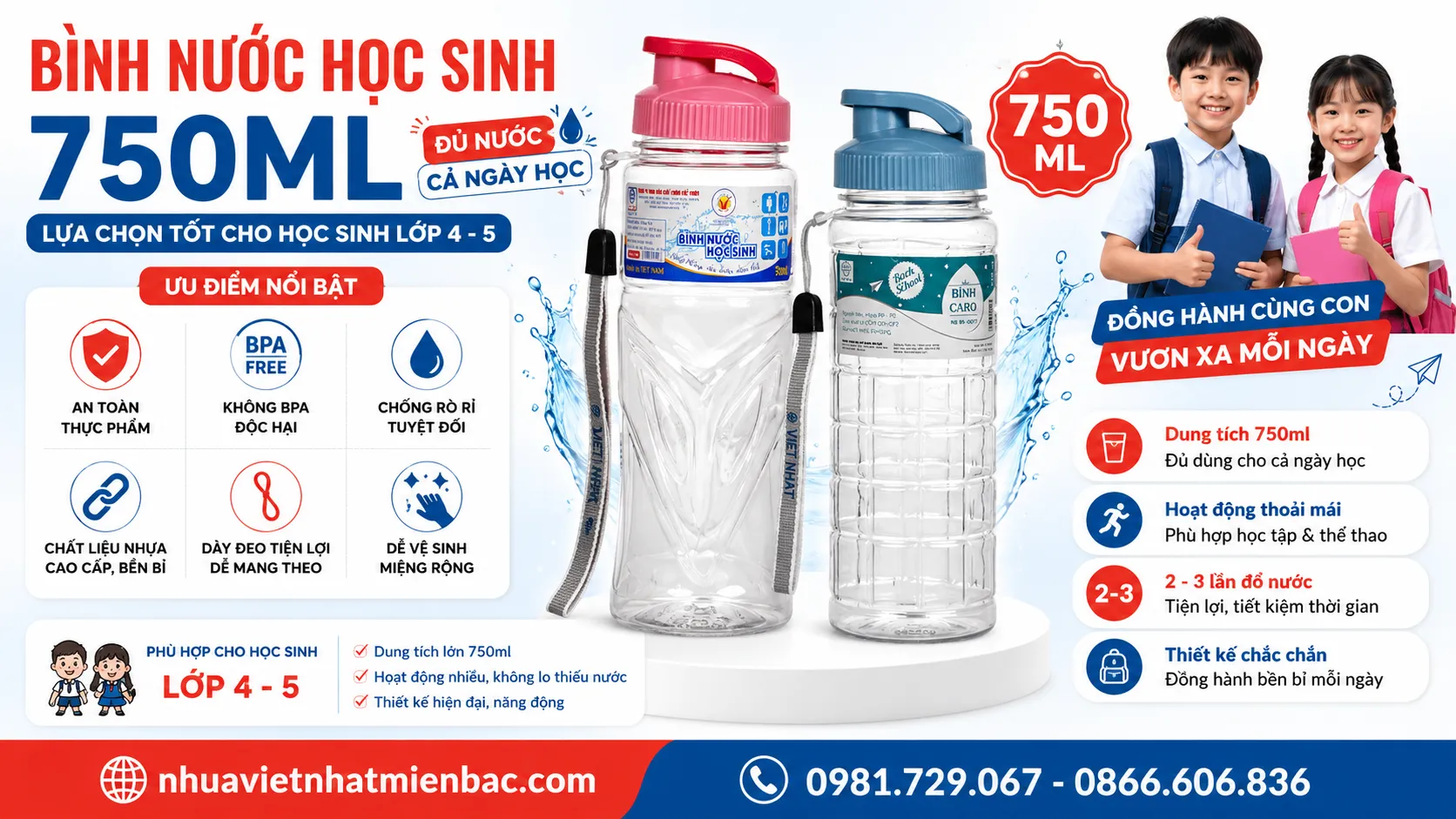 Bình Nước Học Sinh Dung Tích 750Ml Cho Học Sinh Lớp 4-5