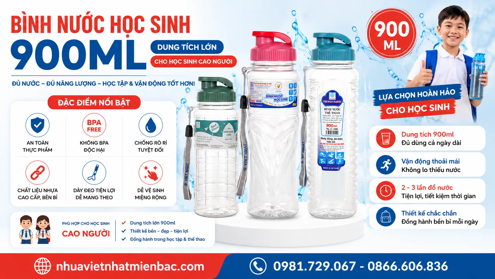 Bình Nước Học Sinh Dung Tích 900Ml Cho Học Sinh Cao Người