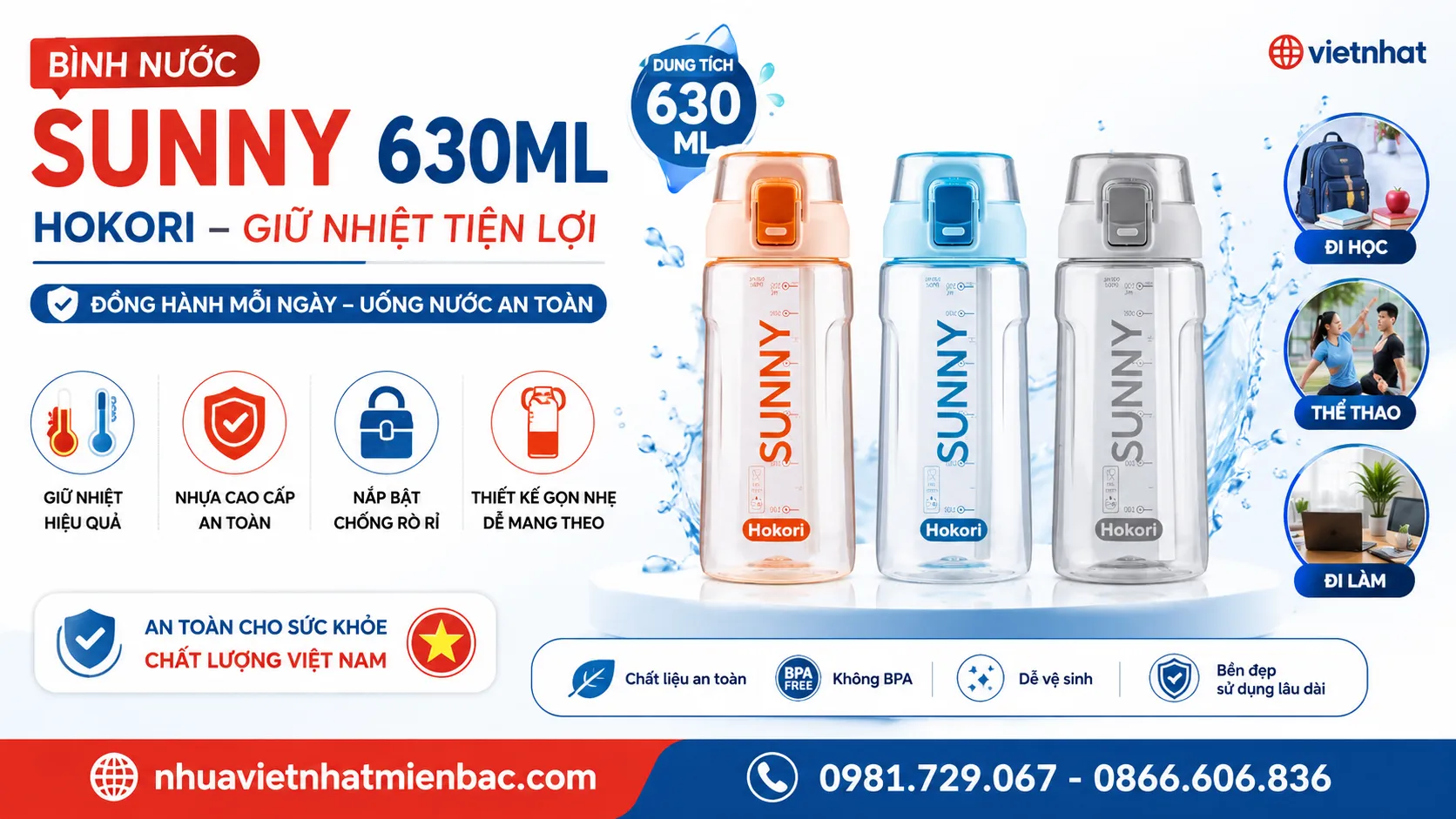 Bình Nước Sunny Hokori Với Dung Tích 630Ml Giúp Giữ Nhiệt Tiện Lợi
