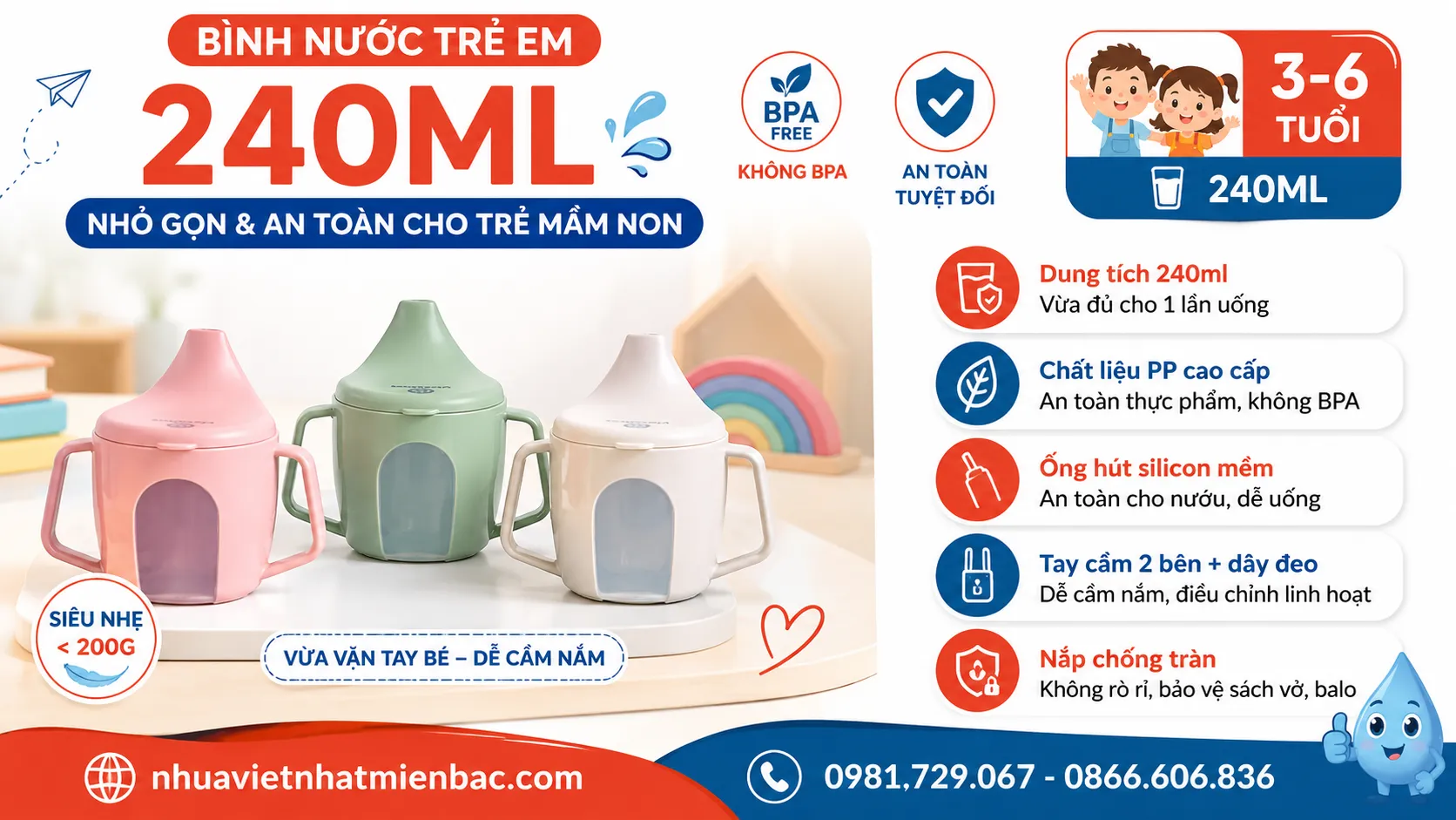 Bình Nước Trẻ Em 240Ml - Nhỏ Gọn Và An Toàn Cho Trẻ Mầm Non
