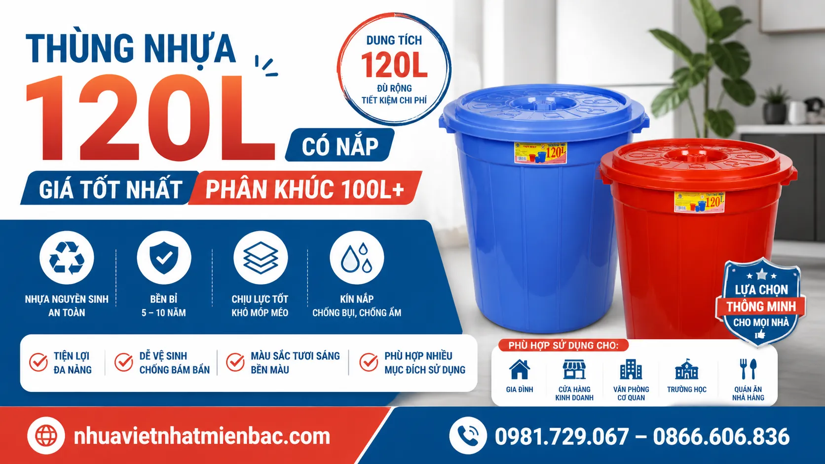 Thùng Nhựa 120L Có Nắp - Giá Tốt Nhất Phân Khúc 100L+