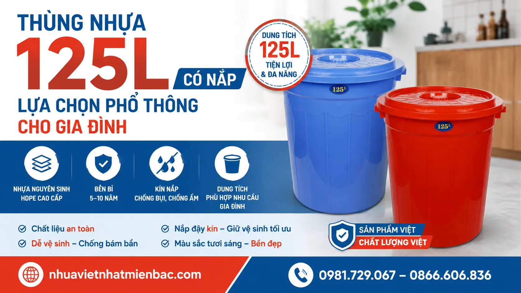 Thùng Nhựa 125L Có Nắp - Lựa Chọn Phổ Thông Cho Gia Đình