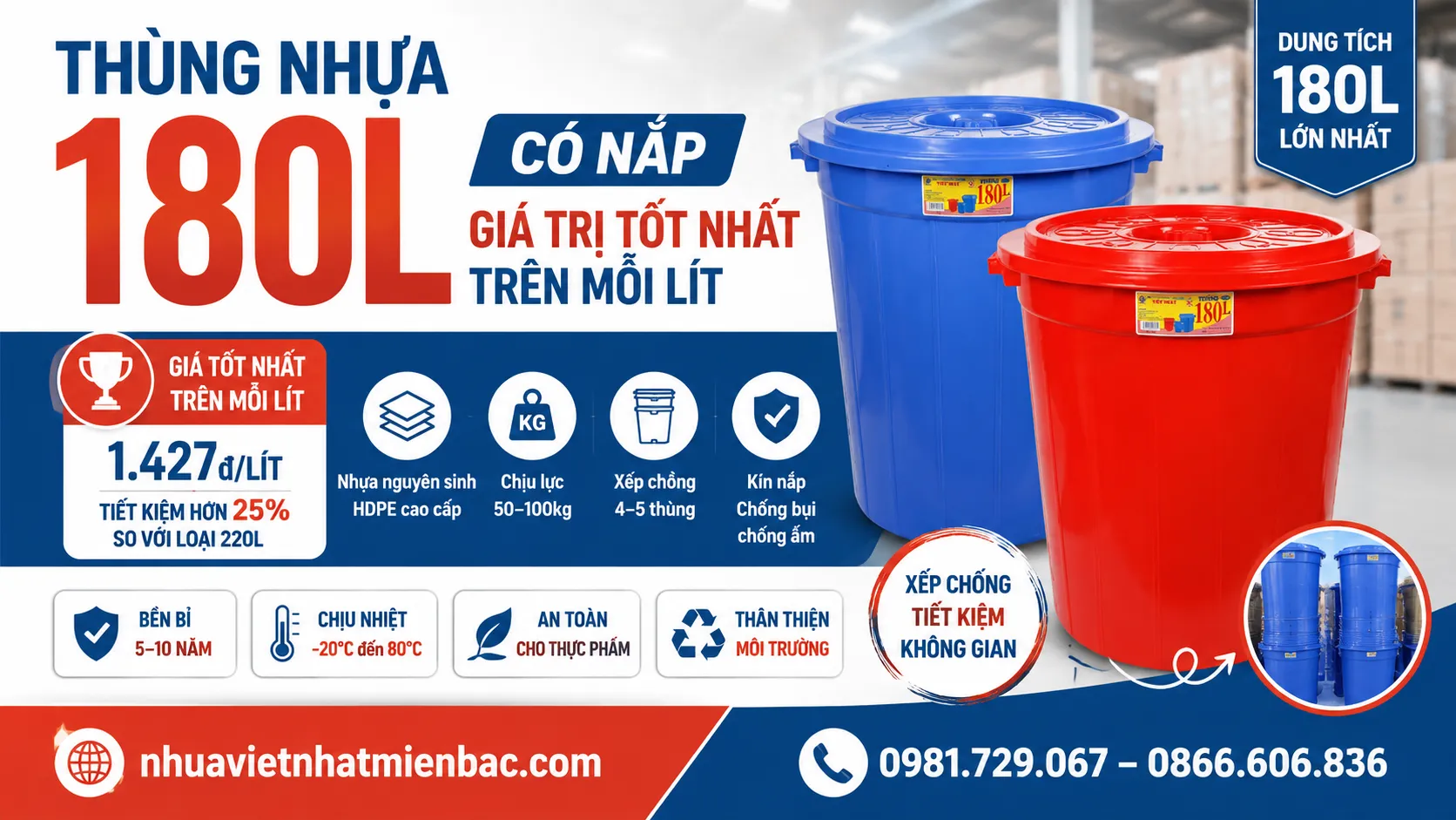 Thùng Nhựa 180L Có Nắp - Giá Trị Tốt Nhất Trên Mỗi Lít