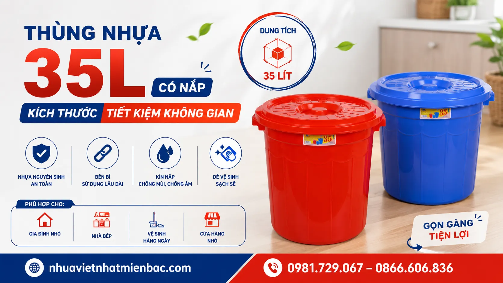 Thùng Nhựa 35L Có Nắp - Kích Thước Tiết Kiệm Không Gian