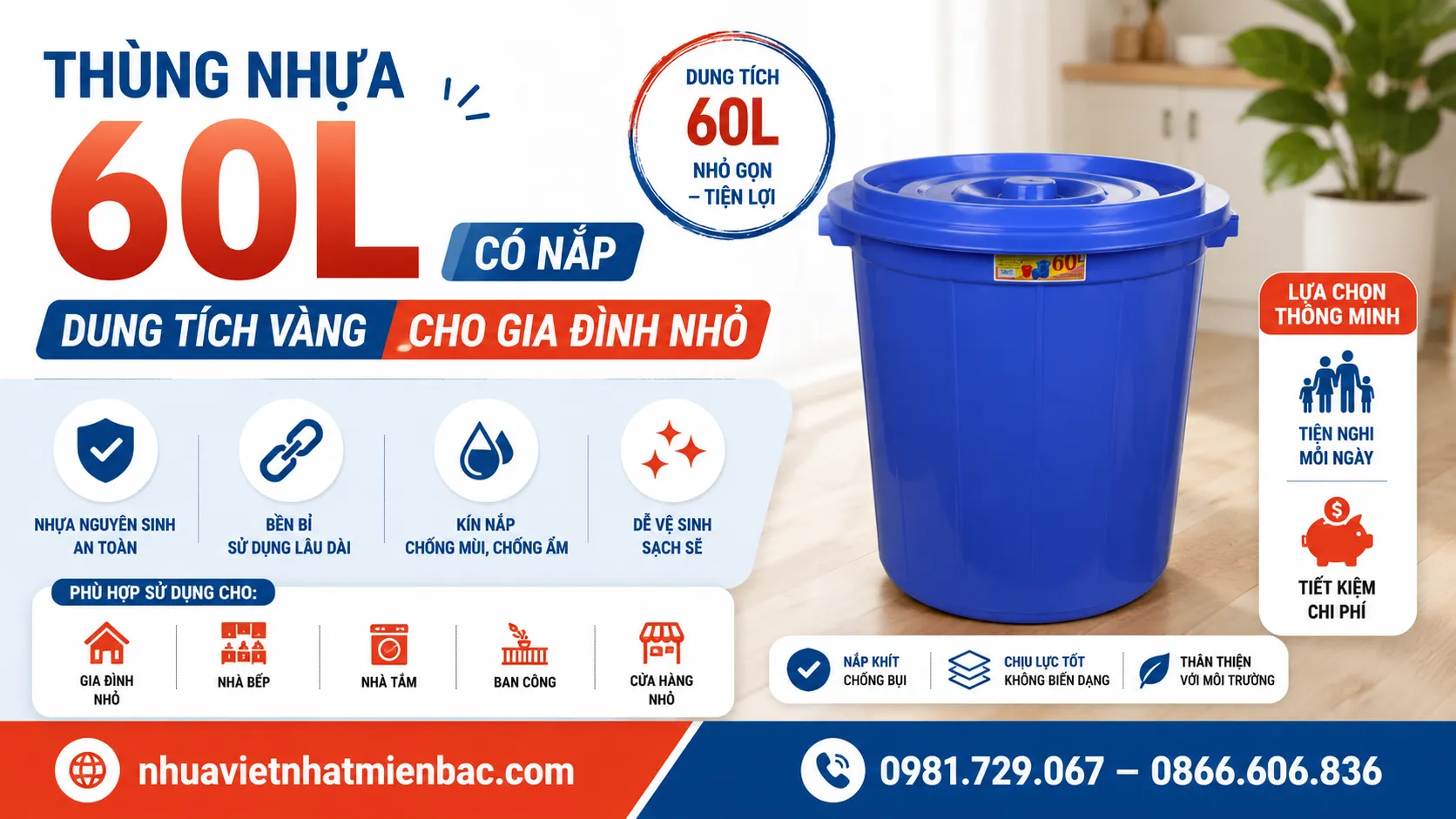 Thùng Nhựa 60L Có Nắp - Dung Tích Vàng Cho Gia Đình Nhỏ