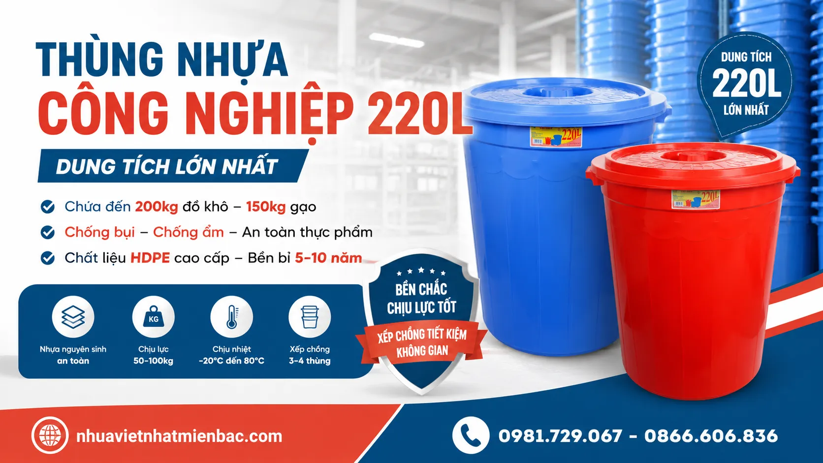 Thùng Nhựa Công Nghiệp 220L Có Nắp - Dung Tích Lớn Nhất