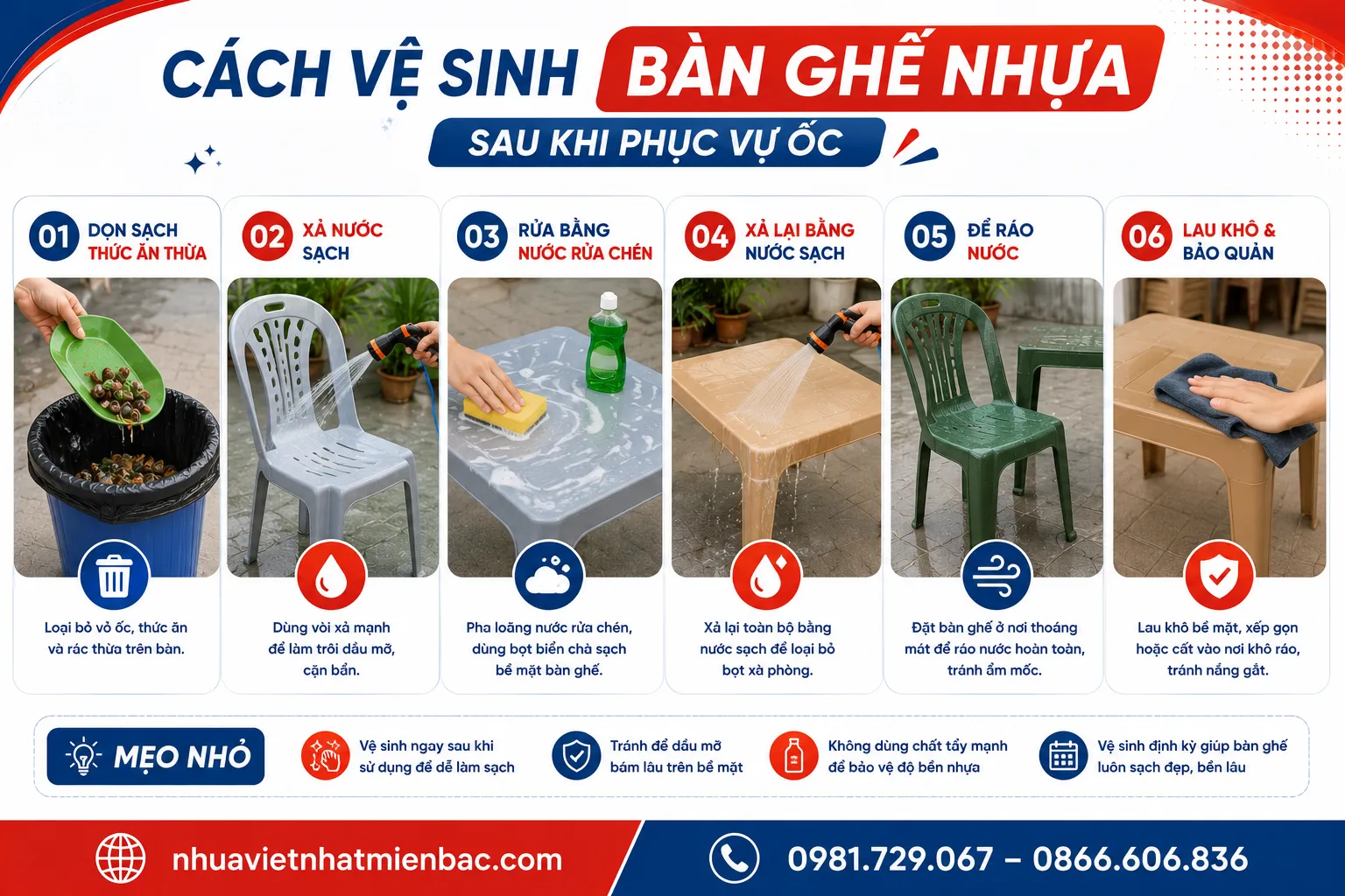 Cách Vệ Sinh Bàn Ghế Nhựa Sau Khi Phục Vụ Ốc