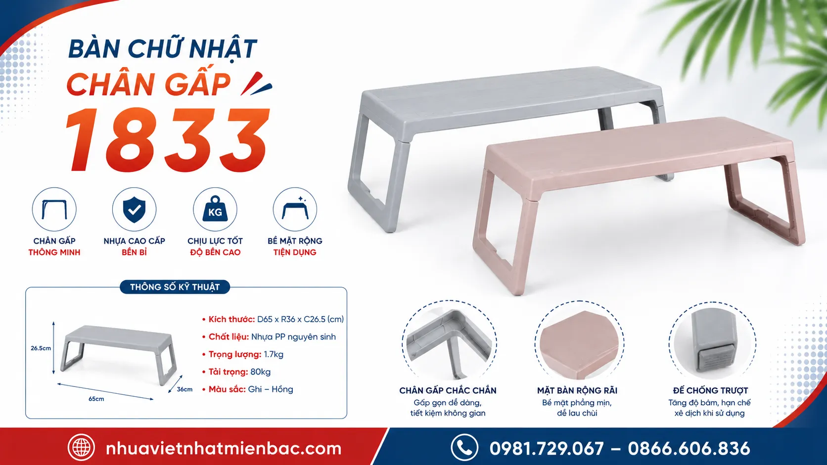Mô Tả Bàn Chữ Nhật Chân Gấp (Có Mã Số 1833)