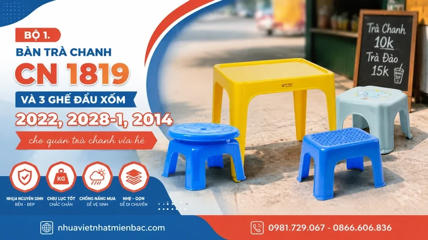 Bàn Trà Chanh Cn 1819 Và 3 Ghế Đẩu Xổm 2022, 2028-1, 2014 Cho Quán Trà Chanh Vỉa Hè