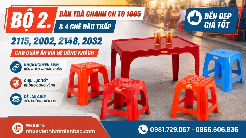Bàn Trà Chanh Cn To 1805 Và 4 Ghế Đẩu Thấp 2115, 2002, 2148, 2032 Cho Quán Ăn Vỉa Hè Đông Khách