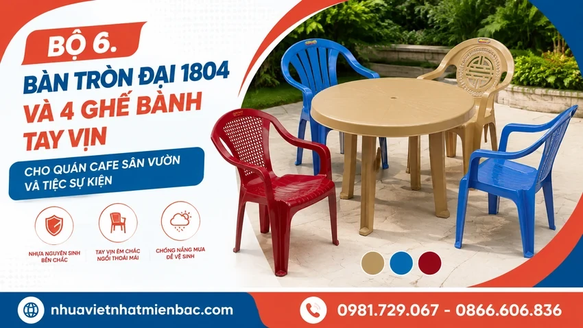 Bàn Tròn Đại 1804 Và 4 Ghế Bành Tay Vịn Cho Quán Cafe Sân Vườn Và Tiệc Sự Kiện