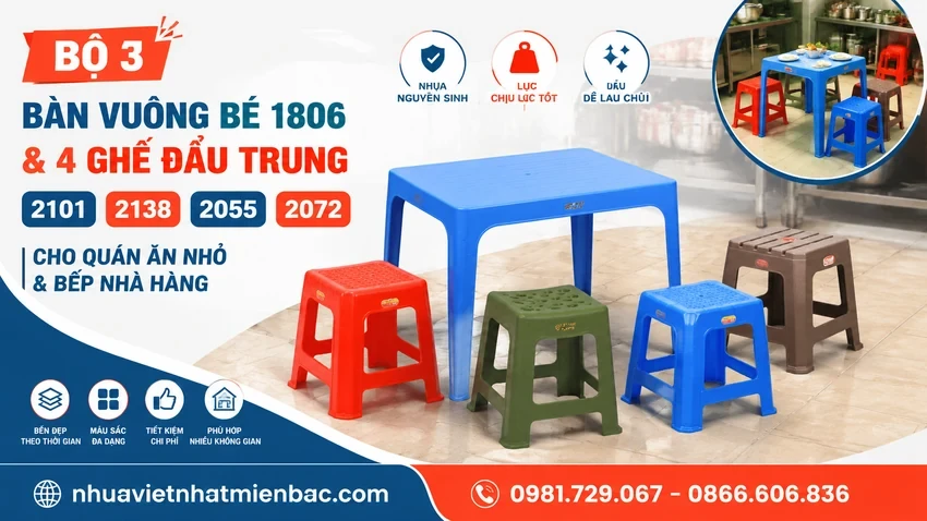 Bàn Vuông Bé 1806 Và 4 Ghế Đẩu Trung 2101, 2138, 2055, 2072 Cho Quán Ăn Nhỏ Và Bếp Nhà Hàng