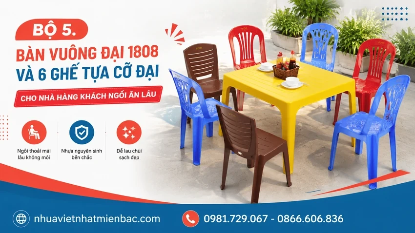 Bàn Vuông Đại 1808 Và 6 Ghế Tựa Cỡ Đại Cho Nhà Hàng Khách Ngồi Ăn Lâu