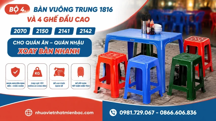 Bàn Vuông Trung 1816 Và 4 Ghế Đẩu Cao 2070, 2150, 2141, 2142 Cho Quán Ăn Quán Nhậu Xoay Bàn Nhanh