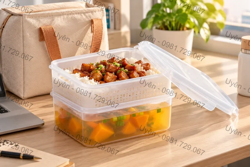 Hộp Thực Phẩm 2 Lớp Trung 6581 Tách Cơm Và Canh Cho Bữa Trưa Văn Phòng